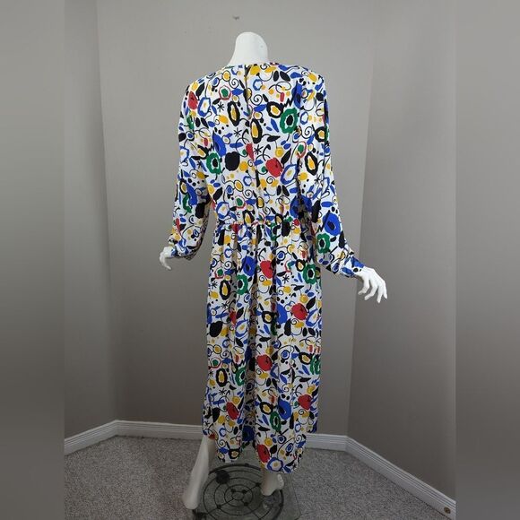 Vintage 80s Abstract Print Midi Dress Colorful Pleated Shoulder Long Sleeve Size - Picture 7 of 8